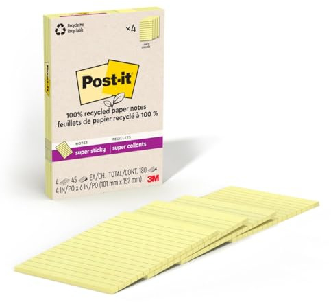 Post-it 100% Recycled Paper Super Sticky Notes, Canary Yellow, Lined, 4 in. x 6 in., 4 Sticky Note Pads, 45 Sheets per Pad, School Supplies and Office Products