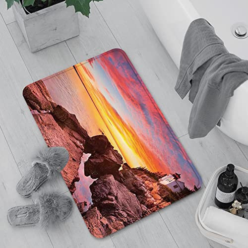 Badematte rutschfest, Badteppich für Badezimmer,Nationalparks, Leuchtturm am Harbor Sea Shore mit Horizon Sky New England Design, Multi,Waschbar Badezimmerteppich für Wohnzimmer Schlafzimmer 60x100 cm
