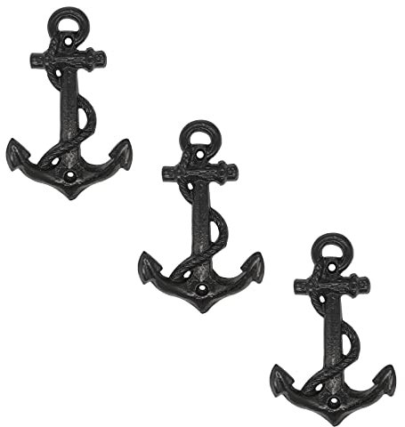 TentHome 3er-Set Garderobenhaken Doppelhaken Maritim Wandhaken Garderobe Doppelt Haken Anker Tau-Optik Gusseisen Wandgarderobe Wanddeko Kleiderhaken Gartenhaken Schwarz