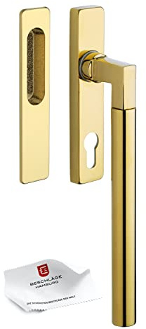 Beschläge Hamburg Hebe-Schiebetürbeschlag Bauhaus HSG 214-020 MPu PVD PZ — Drehgriff für Hebe-Schiebe-Türen inkl. Griffmuschel außen, messingfarbren PVD, MIT PZ Lochung