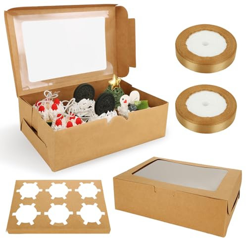 ZOFUN 50 Pack Kraft Cupcake Boxes 6 Hole, 24 x 16 x 7.5cm Cup Cakes Boxes with 2 Rolls Ribbon, Bulk Cardboard Cupcake Box with Clear Window, Brown Cupcake Container for Cookie Muffin