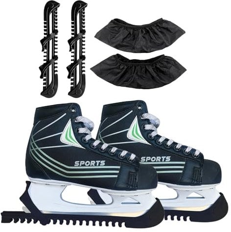 songyea Kufenschoner Schlittschuhe, Verstellbare Eishockey Schlittschuhe Kufenschoner, 1 Paar Elastische Kufenstrümpfe+1 Paar Verstellbar Schutz Kunststoff für Erwachsene Kinder (Schwarz)