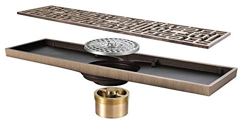 Duschablaufsiphon mit Geruchsstopp und Haarsieb, Randablauf, Ablaufrinne aus Messing, Bodenablauf, Duschrinne, sehr flach, Komplettset mit Bodenbefestigung