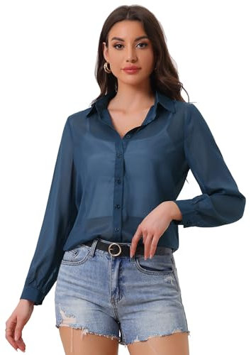 Allegra K Sheer Button Up Shirts for Women See Through Mesh Long Sleeve Shirt Tops Dark Blue M