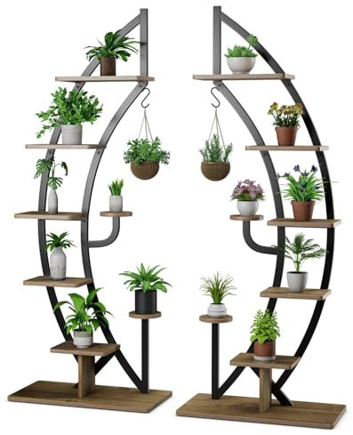 TANGZON 8-Tier Plant Stand, Curved Half Moon Shape Ladder Flowers Shelf with Hook, Indoor Metal Frame Creative Flower Pot Rack for Living Room, Bedroom and Entryway (2 Packs, Black + Brown)