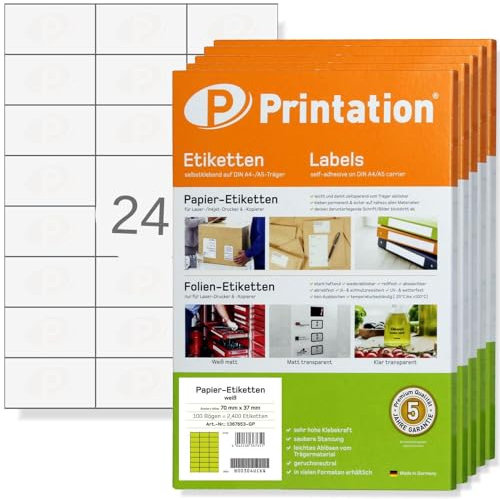 Printation Etiketten 70 x 37 mm 12000 Stück weiß selbstklebend - 500 DIN A4 Bogen á 3x8 24 70x37 Adressetiketten Internetmarke bedruckbar - Labels/Klebeetiketten 3474 4453 4615 LA133 FBA