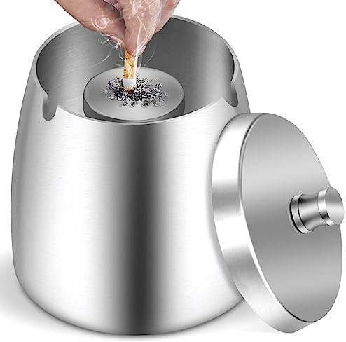 Aschenbecher für Draussen (9 * 7 * 9cm), Edelstahl Aschenbecher mit Deckel, Sturmaschenbecher als Windaschenbecher Groß, Aschenbecher mit Zigarettendeckel für Home Office Auto Dekoration - Silber