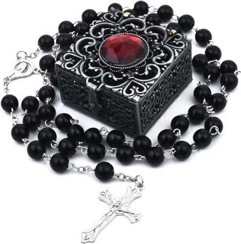 ONRAGT Rosenkranz Kette, Männern Damen Rosario Rosenkranz Kommunion Mädchen Junge Rosary Necklace Eingepackt in Im Metallbox, Geschenk für Angehörigen, Älteste, Liebste (Schwarze mit Box)