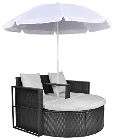 Toshilian Bain de Soleil, Chaise Longue Exterieur Salon de Jardin Lit de Jardin avec Parasol Noir Résine tressée