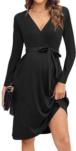 hohololo Robe de maternité à manches longues, col en V, robe de maternité, grossesse, longueur genou, Noir-a, XL