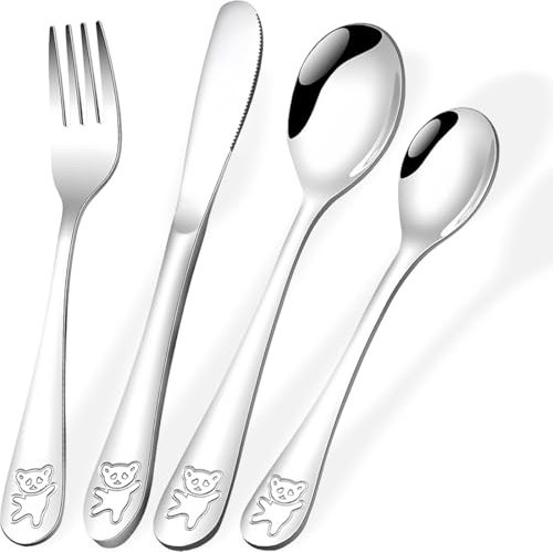 4 teilig Kinderbesteck Set, Besteck Silber Set mit Löffel, Hochwertiges Edelstahlbesteck, Hochglanzpoliert, Spülmaschinenfest, ideal für Zuhause, Party, Restaurant