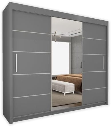 Style Heaven Modern Sliding Door Wardrobe for Bedroom,Matt Finish,3 Mirrored Sliding Doors wardrobes 6 Adjustable Shelves & 2Hanging Rail,made of MDF Chipboard, aluminium Handles Lisbon(250cm Grey)