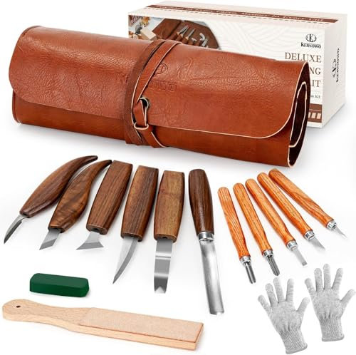 Wood Whittling Set with PU Case - Whittling Kit Premium Wood Tools with Leather Strop and Polishing Compound