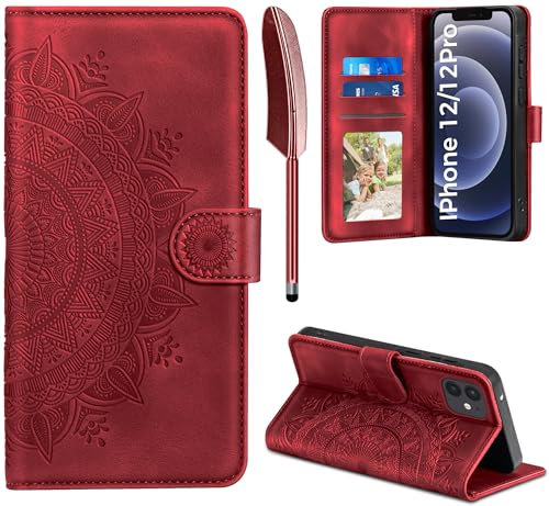 EASDNB Handyhülle für iPhone 12/12 Pro, Hülle für iPhone 12 Pro/iPhone 12 Lederhülle Flip PU Leder Tasche Case Kartenfach Magnet Ständer Klapphülle Schutzhülle für iPhone iPhone 12/12 Pro 6.1, Rot