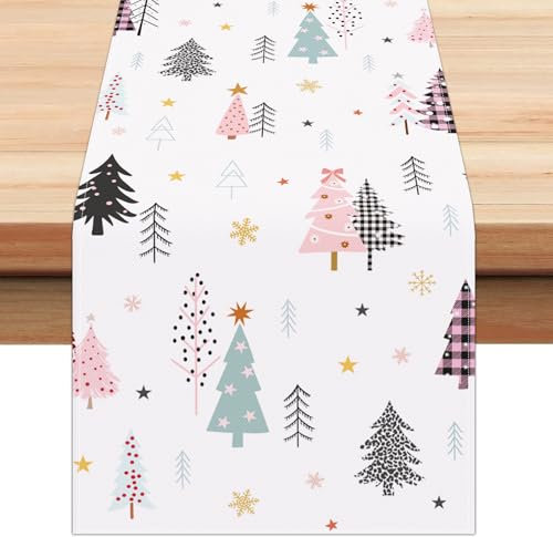 Bonhause Tischläufer Rosa Weihnachtsbäume, Tischläufer Winter Saisonal Buntes Weihnachten Küche Esstisch Dekoration für Drinnen Draußen Urlaub Party Waschbar Wohnkultur Tafeltuch (33 x 183 cm)