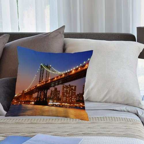 EMCLKS Designs Kissenbezug Männer/Frauen/Jungen/Mädchen Wohnzimmer Schlafzimmer Sofa Stuhl Kissenbezüge,New York, Manhattan Bridge mit Nachtlichtern über dem Hudson River Brooklyn, Blau Orang,40x40cm