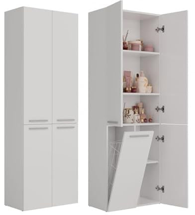BDW Armadietto da bagno, cesto per la biancheria, 4 porte, 174 x 60 x 30 cm, mobiletto alto per il bagno, mensola da bagno (bianco)