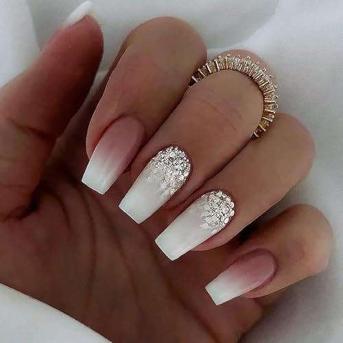 24pcs White Pink Ombre Long Coffin False Nails with Glitter Sequins - Stick On & Removable Press On Full Cover Nails - Women Nail Art Accessories