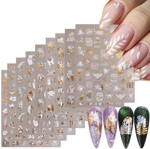 GZMAYUEN 9 Blätter Blumen Nail Art Aufkleber, 3D Selbstklebende Weiße Gold Blume Leave Nail Decals für Frauen Mädchen DIY Nail Maniküre Dekoration