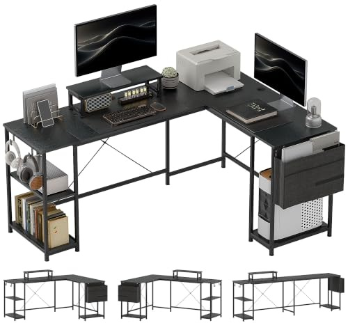 HOMCOM 168cm Reversible L Shaped Desk, Adjustable Shelf 240cm, Black | Industrial Corner Computer Desk, Storage Bag, 2 Person PC Table, Monitor Stand