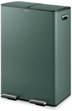 Tower T838023FOR Recycling Pedal Bin, Two 30L Compartments with Removable Inner Buckets, Carbon Steel Body, 60L, Forest Green