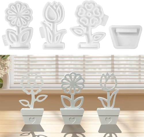 4Stück Gießformen Silikon Frühling,SilikonFrühling Blumen Gießform Frühling mit Sockel Gießformen,Blumentopf Silikonformen Frühling Silikonform zum Gießen,Silikon Frühling Blumen Gießform für DIY Deko