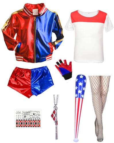 BITOYO Clown Kostüme Erwachsene, Clown Cosplay Kostüme mit T-Shirt Jacke Shorts Baseballschläger Netzstrümpfe und Tatto kostüm Damen für Halloween Weihnachten Karneval Joker Fasching Cosplay