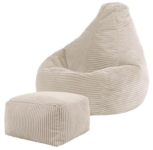 icon Dalton Kids Cord Bean Bag & Footstool with Filling Included, Beige | Made in the UK, Kids Beanbag, Soft Corduroy Fabric, Floor Chair for Playroom or Bedroom