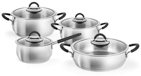 Inoxpran, Batteria di Pentole, 8 Pezzi Inoxicon in Acciaio Inox 18/10, Triplo Fondo per Tutti i Piani Cottura Inclusa Induzione, con Coperchi in Vetro