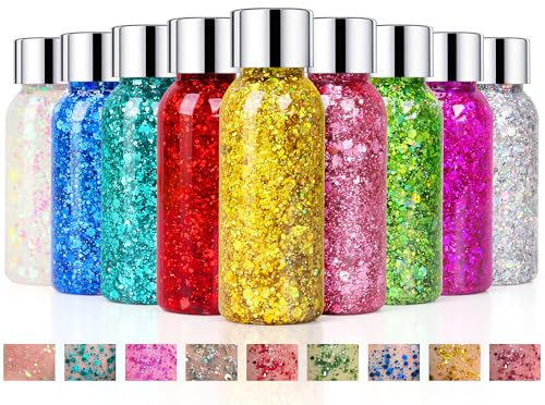 9Pcs Glitzer Gesicht, Mermaid Sequins Chunky Glitter Liquid Gel Gesicht | Festival Body Glitter Gel für Haare Nägel Face Make Up, Long-Lasting Glitzer Schminke Glitzersteine for Festival Masquerade