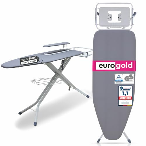 EUROGOLD Großes XXL Bügelbrett für Dampfbügelstation 130x48cm, Grau | Bügelbrett: Steckdose, höhenverstellbar, Ärmelbrett, Bügeleisenablage absenkbar für Dampfstationen, OEKO-TEX Baumwollbezug