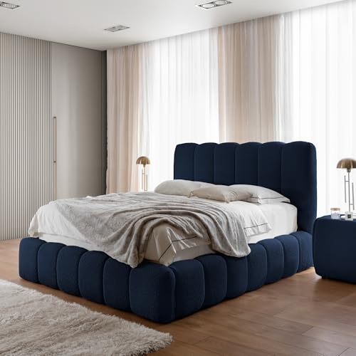 Home Collective Polsterbett Doppelbett Bubble Bett mit Stauraum viele Größen und Farben | Bettgestell mit Lattenrost weicher Bouclé Bezug mit Steppung | Schlafzimmer Möbel | Marineblau 120x200 cm