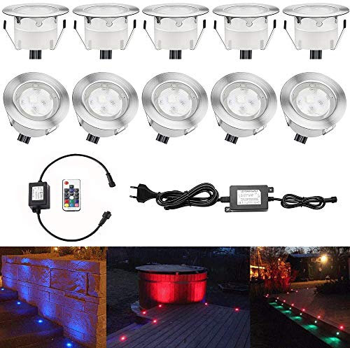 CHNXU 10 Spot LED Eclairage Extérieur Encastrable Sol Terrasse Bois,45mm Spots Encastré Extérieur Fait en IP67 DC12V 1W Avec Alimentation EU Pour Jardin Escalier Patio RGB