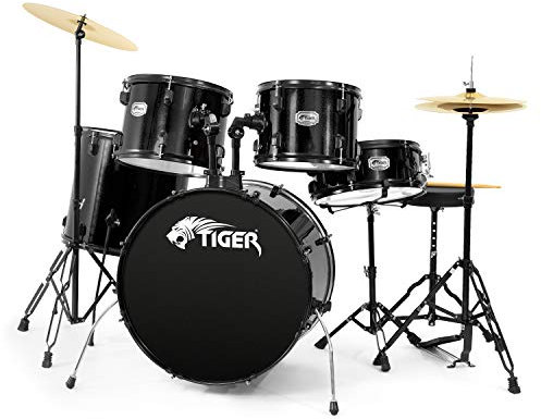 TIGER DKT28-BK Full Size Acoustic Drum 22 Bass Drum Kit with Stands Stool Sticks & Cymbals - Black