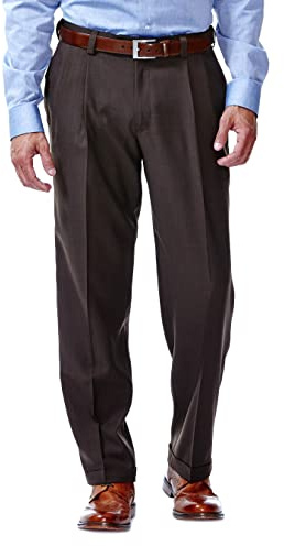 Haggar Men's E-Clo Repreve Classic Fit Pleat Front Dress Pant with Hidden Expandable Waistband Brown 40W x 32L
