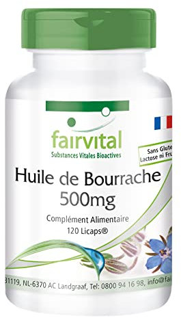 Fairvital | L'huile de bourrache 500mg - pendant 2 mois - VEGAN - dose élevée - 120 Licaps - riche en acide gamma linolénique (oméga-6)
