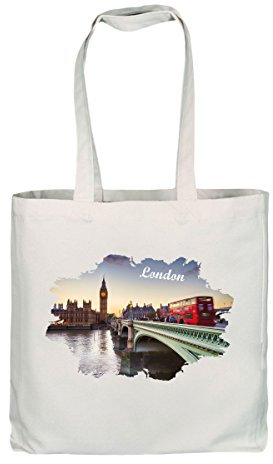 Organic Baumwoll-Tasche Baumwoll-Beutel Jute-Beutel London Fotomotiv mit großen Henkeln weiss