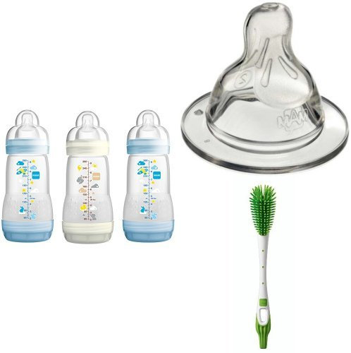 MAM Self Sterilising Anti-Colic Bottle 260 ml 3 Pack (Blue) with Medium Flow Bottle Teats (2 pack) and Soft Bottle Brush