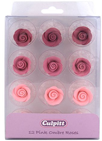 Culpitt Pink Ombre Sugar Roses, 20mm Sugar Paste Flower Decorations For Cupcakes, Cakes, Cookies, Valentines, Birthday, Wedding Cake, 12 Piece - Single Pack - Pack of 12