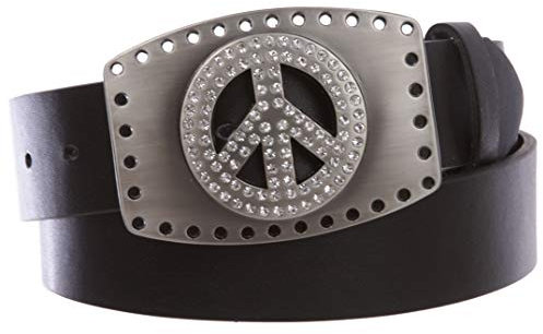3,8 cm (1 1/2 Zoll) Schnappverschluss Strass Friedens-Symbol Liebe Zeichen Hohlschnalle mit Ledergürtel, Schwarz, XL (38-40 WAIST)