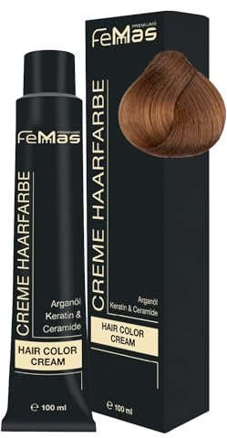 FemMas Tinte de pelo rubio claro dorado intenso 8,33 I Crema profesional tinte para el cabello con aceite de argán, queratina y ceramidas, coloración permanente del cabello o tinte para resultados de