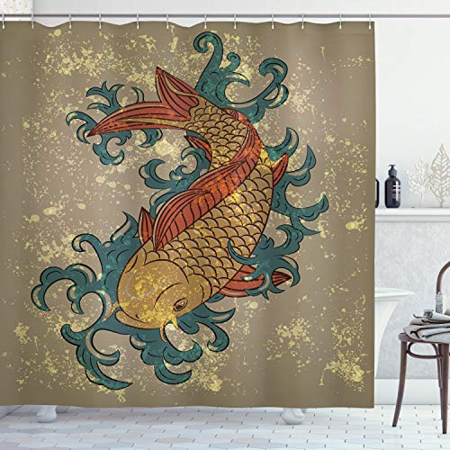 ABAKUHAUS japanisch Duschvorhang, Koi Fisch-Kunst, Stoffliches Gewebe Badezimmerdekorationsset mit Haken, 175 x 200 cm, Blasses Sepia