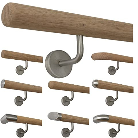 TIBU Holz Handlauf Eiche unbehandelt Geländer Wandhandlauf Treppe Wand 30-500cm mit gewinkelten Edelstahl Halter, Länge: 1000 mm mit 2 Halter - Enden: Radius gefräst