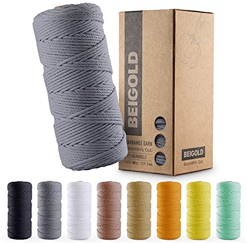 BEIGOLD® Premium Makramee Garn 3mm x 100m - Makramee Grau - Baumwollgarn Mischgarn zum Knüpfen von Macrame - Rope Garn - Makramee-Garn aus Baumwolle für Kunst DIY Handwerk