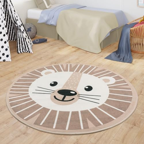 TT Home Teppich Kinderzimmer Kinderteppich Babymatte Für Jungs Und Mädchen Rund Modern, Farbe:Beige, Größe:150 cm Rund