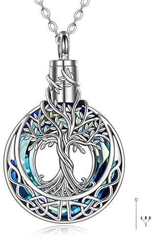 YAFEINI Tree of Life Urn Necklaces for Ashes 925 Sterling Silver - Blue Crystal Tree of Life Cremation Memory Jewelry for Women Men