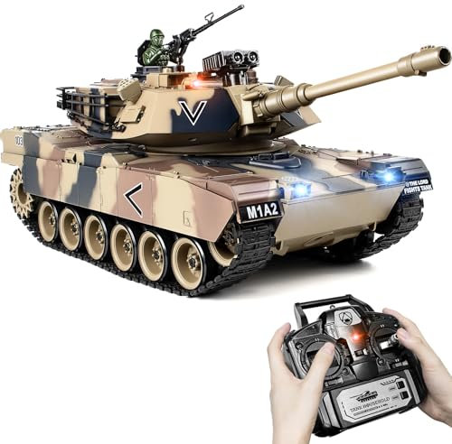 Supdex Tanque RC 1:18, 2.4Ghz US M1A2 modelo de tanque de control remoto, juguete de ejército de batalla de 15 canales con efectos de humo, luz y sonido, camión militar RC para adultos y niños que