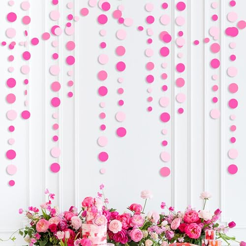 46Ft Rose Pink Circle Dots Garland Party Decorations Hanging Paper Polka Dot Streamer for Birthday Bachelorette Engagement Wedding Baby Bridal Shower Anniversary Holiday Home Kids Room Nursery