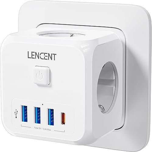 LENCENT Presa Multipla Cubo 4000W, 7 in 1 Presa a Muro Salvaspazio con 3 Prese Schuko e Porte di 3 USB e 1 Tipo-C, Multipresa Elettrica con Interruttore, Adattatore Spina per Casa, Ufficio, Viaggio
