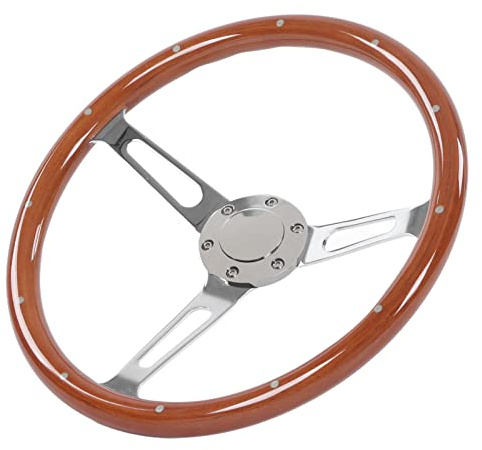 Volante Classico da 380 Mm/15 Pollici, Volante con Rivetti in Legno Massello, Modifica Auto Universale con 3 Razze Rivettate a 6 Fori Volante Retrò per Auto D'epoca Per Auto Marina(Marrone)